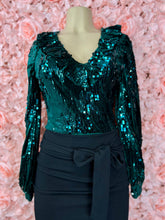 Load image into Gallery viewer, Elaine Emerald Green Velvet Sequence Detail Long Sleeve Bodysuit