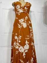 Load image into Gallery viewer, Lola Rust Rayon Gauze Wrap  Leaf Print V Neck Self Tie Sleeveless Dress