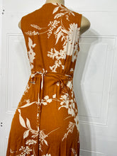 Load image into Gallery viewer, Lola Rust Rayon Gauze Wrap  Leaf Print V Neck Self Tie Sleeveless Dress