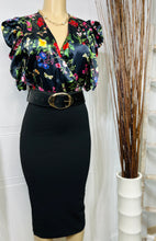 Load image into Gallery viewer, Maya Floral Black Surplice Sleeve Midi Dress