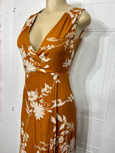 Load image into Gallery viewer, Lola Rust Rayon Gauze Wrap  Leaf Print V Neck Self Tie Sleeveless Dress