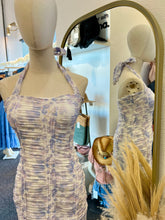 Load image into Gallery viewer, Shantel White and Lilac Halter Rushed Floral Dress