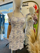 Load image into Gallery viewer, Shantel White and Lilac Halter Rushed Floral Dress