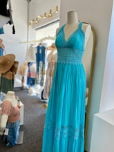 Load image into Gallery viewer, Sabrina Teal Mandle  Crotchet Front Detail V-Neck Maxi Dress