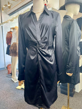 Load image into Gallery viewer, Itza Black Satin Long Sleeve Button Down Short Dress