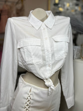 Load image into Gallery viewer, Alazne White or Denim Blue Button Up Front Tie Crop Top