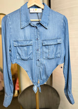 Load image into Gallery viewer, Alazne White or Denim Blue Button Up Front Tie Crop Top