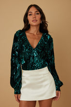 Load image into Gallery viewer, Elaine Emerald Green Velvet Sequence Detail Long Sleeve Bodysuit