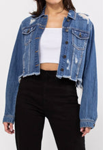 Load image into Gallery viewer, Dessi Crop Medium Wash Distressed Frayed Hem Denim Jacket