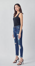 Load image into Gallery viewer, Cameron Medium Wash Mid Rise Distress Frayed Hem Crop Skinny Jeans!
