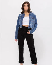Load image into Gallery viewer, Dessi Crop Medium Wash Distressed Frayed Hem Denim Jacket