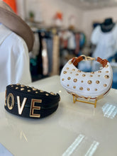 Load image into Gallery viewer, "D" Inspired "LOVE" crescent shaped Gold Studded Vegan Leather  Bag