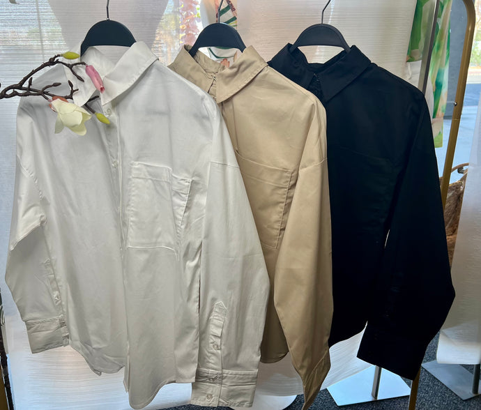 Ellen White Khaki or Black Poplin Button Down Blouse