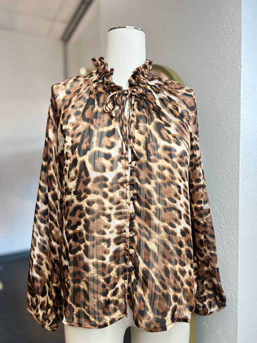 Melissa Leopard Print Neck Tie Metallic Threading Blouse
