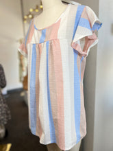 Load image into Gallery viewer, CLEARANCE Abigail Grey Blue Linen Vertical Stripe Ruffle Sleeve Top