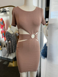 Laylla Mocha Stretchy Ribbed Front Cut Out Mini Dress