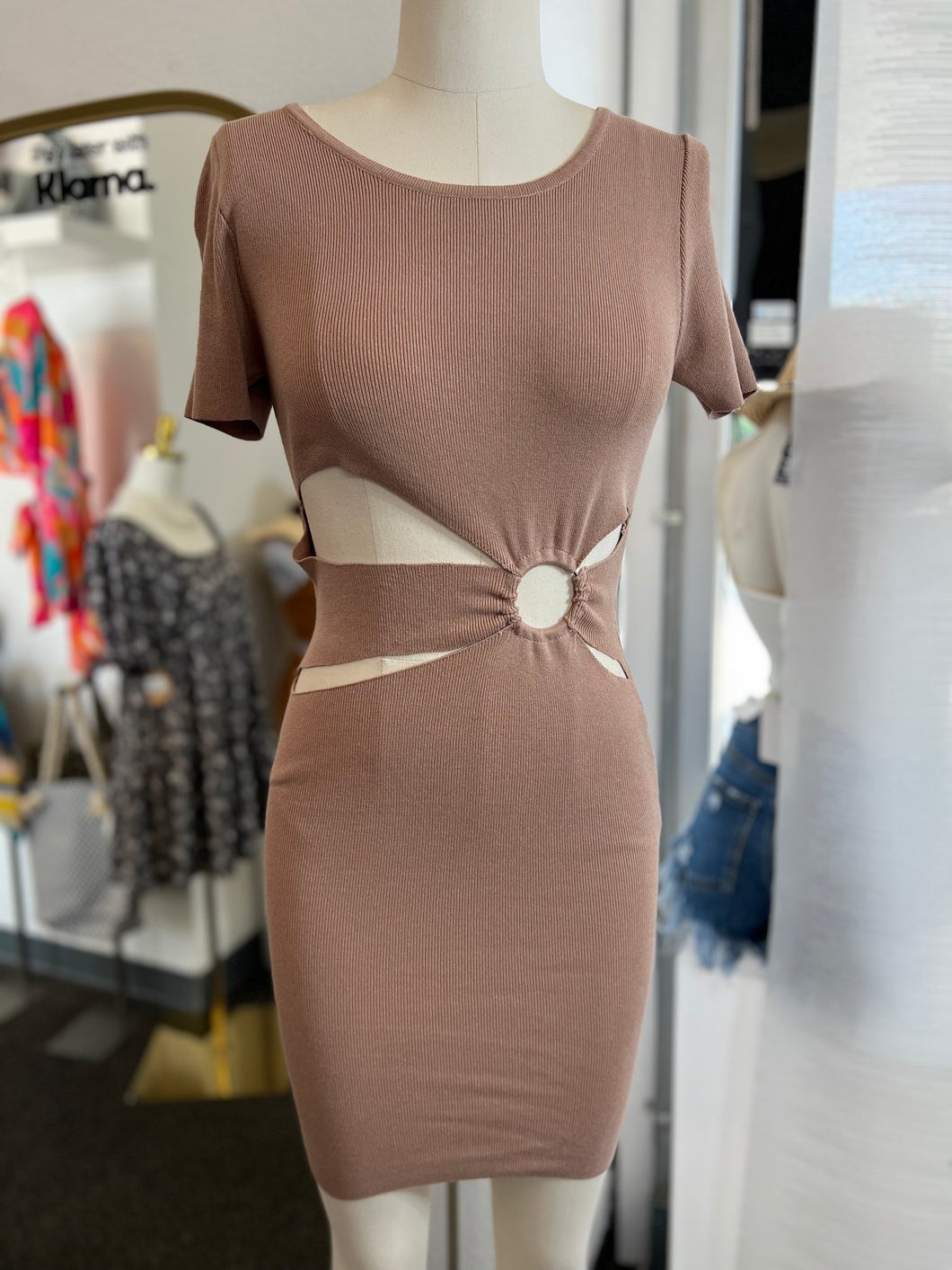 Laylla Mocha Stretchy Ribbed Front Cut Out Mini Dress
