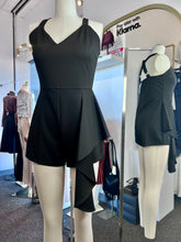 Load image into Gallery viewer, Christie Black Techno Crepe Ruffle Hem Spaghetti Strap Romper