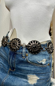 Sara Black, Coral or White Flower Adjustable Silver Belt