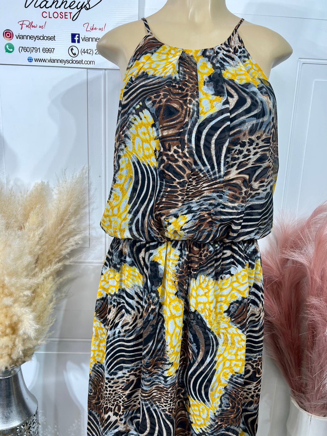 Priscila Yellow,Brown,Black Animal Print Plus Size Flowy Summer Dress