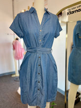 Load image into Gallery viewer, Kendra Button Down Self Tie Denim Short Dress