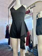 Load image into Gallery viewer, Christie Black Techno Crepe Ruffle Hem Spaghetti Strap Romper