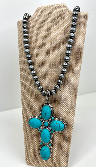 Daria Silver and Aqua Cross Charm Necklace