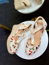 Load image into Gallery viewer, Kenya Platform white Cherry Printed Strappy Heels