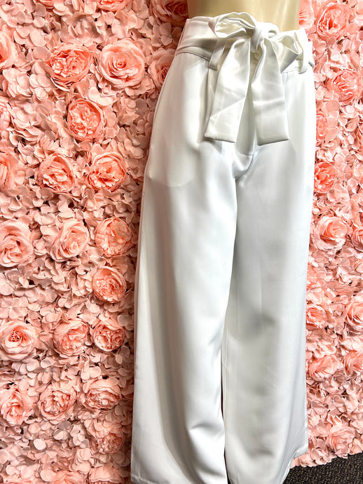Pamela White Front Self Tie Wide Leg Pants