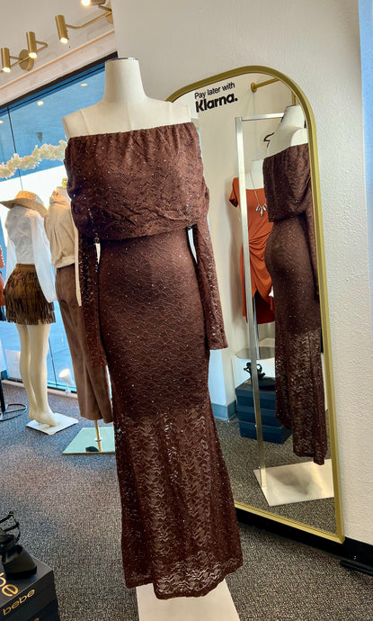 Miriam Off The Shoulder Long Sleeve Flowered Rhinestone Dress