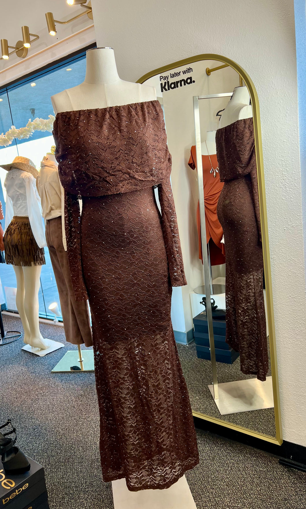 Miriam Off The Shoulder Long Sleeve Flowered Rhinestone Dress