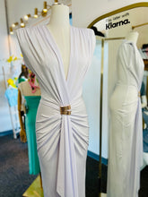 Load image into Gallery viewer, Jenny White Sleeveless Deep V Rushed Open Front Maxi Gold Hardware Brooch Detail