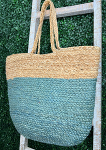 Cameron Tan and Green Straw Tote Bag