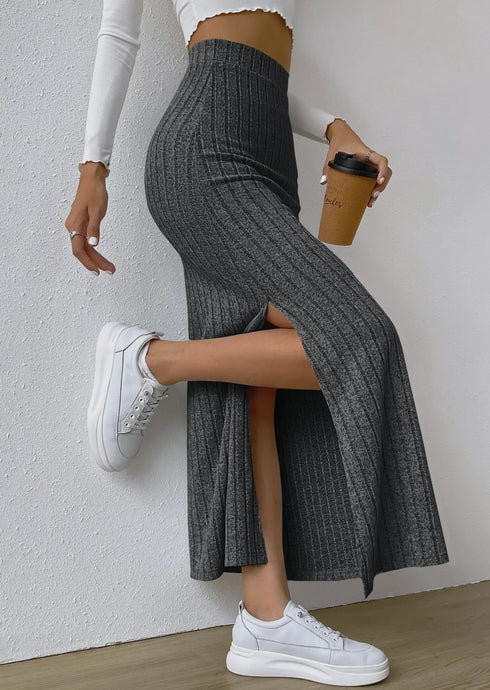 Aurie Solid High Waist Side Split Knit Long Skirt