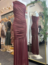 Load image into Gallery viewer, Isabella Black, Burgundy, Green Sparkly One Shoulder Ruched Maxi Dress