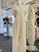 Load image into Gallery viewer, Deidra Striped Button-Down Linen Blend Light Taupe or Light Blue Jumpsuit