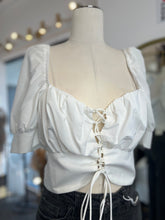 Load image into Gallery viewer, Clearance Lexi Off White Lace-Up Puff Sleeve Crop Top