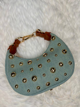 Load image into Gallery viewer, "D" Inspired "LOVE" crescent shaped Gold Studded Vegan Leather  Bag