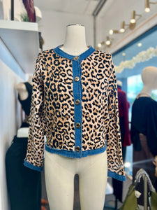 Camila Animal Print Distressed Denim Trimming Button Up Sweater