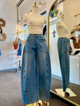 Load image into Gallery viewer, Vanessa Ligh Washed Denim Baggy Gold Holes Design