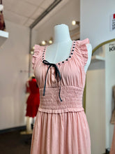 Load image into Gallery viewer, Lexi Midi Blush Pink Smocking Waist Black Lace Up Dress