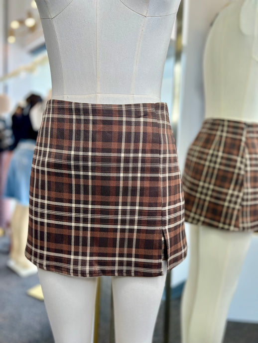 Paris Brown Plaid Slit Front Side Zipper Stretchy Mini Skort