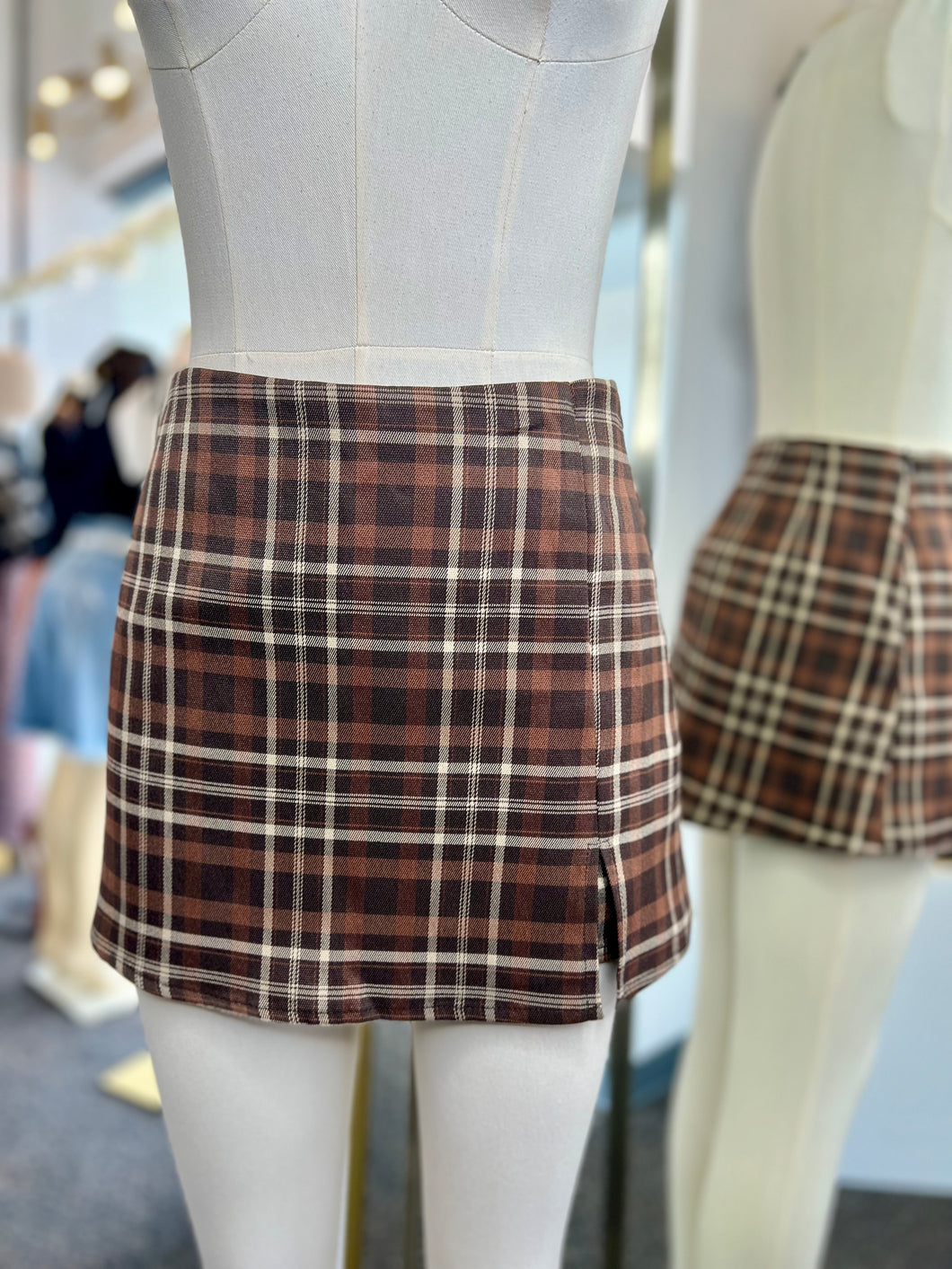 Paris Brown Plaid Slit Front Side Zipper Stretchy Mini Skort