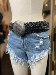Cynthia Black Leather Woven Silver Buckle