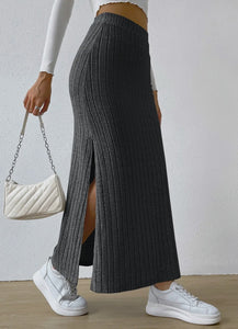 Aurie Solid High Waist Side Split Knit Long Skirt