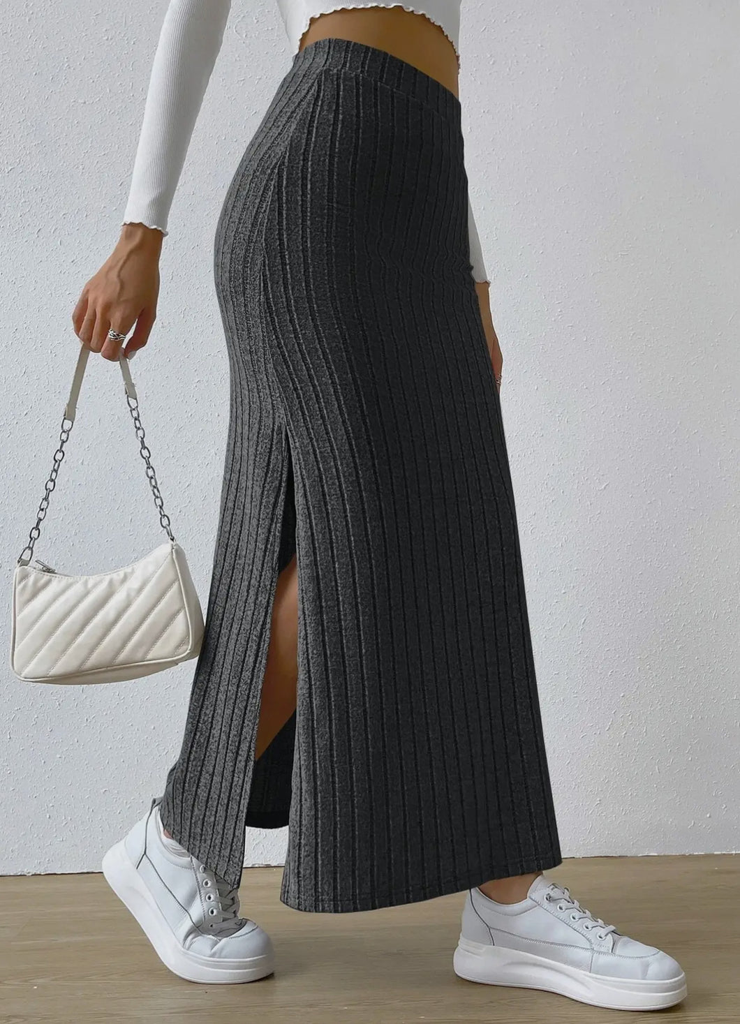 Aurie Solid High Waist Side Split Knit Long Skirt