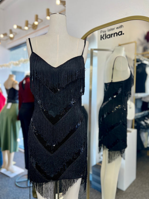 Charlene Black Adjustable Spaghetti Strap Fringes Dress