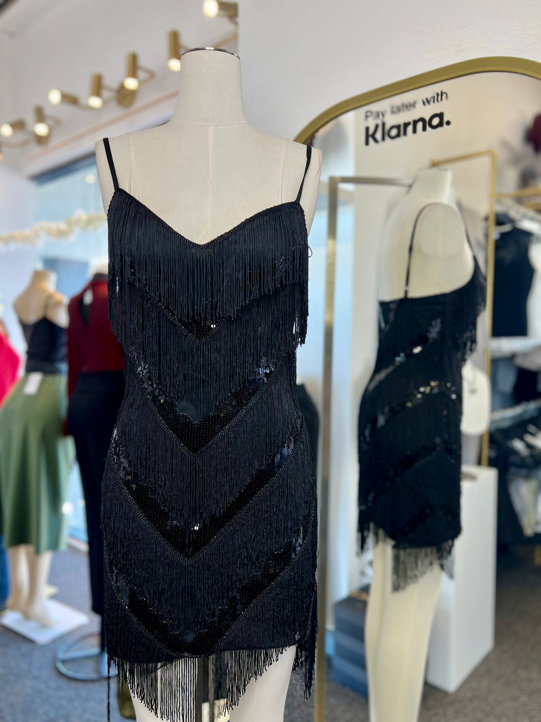 Charlene Black Adjustable Spaghetti Strap Fringes Dress