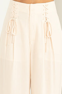 Ivanka Ivory High Rise Lace-Up Detail Wide Leg Pants