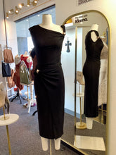Load image into Gallery viewer, Bridget Black Sparkly Gold Detailed Twist Shoulder Midi Dress